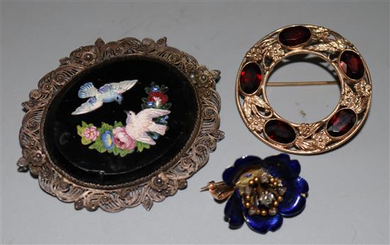 9ct gold gem set brooch, diamond and enamel flowerhead brooch and a micro mosaic brooch